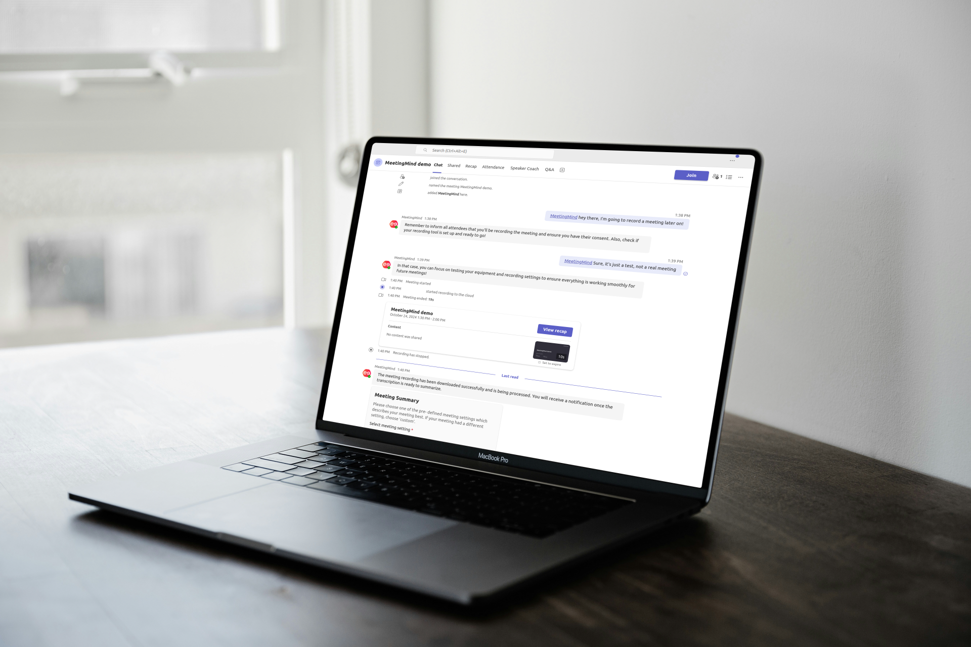 MeetingMind Computer Interface Mockup
