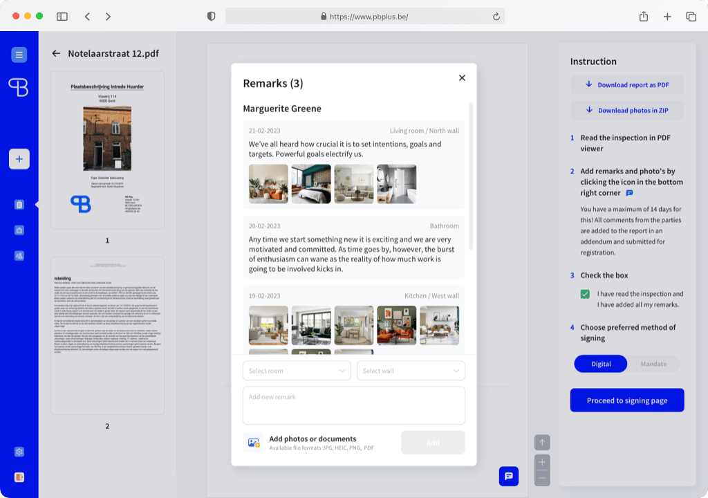 PB Plus Web Interface Remarks Screen